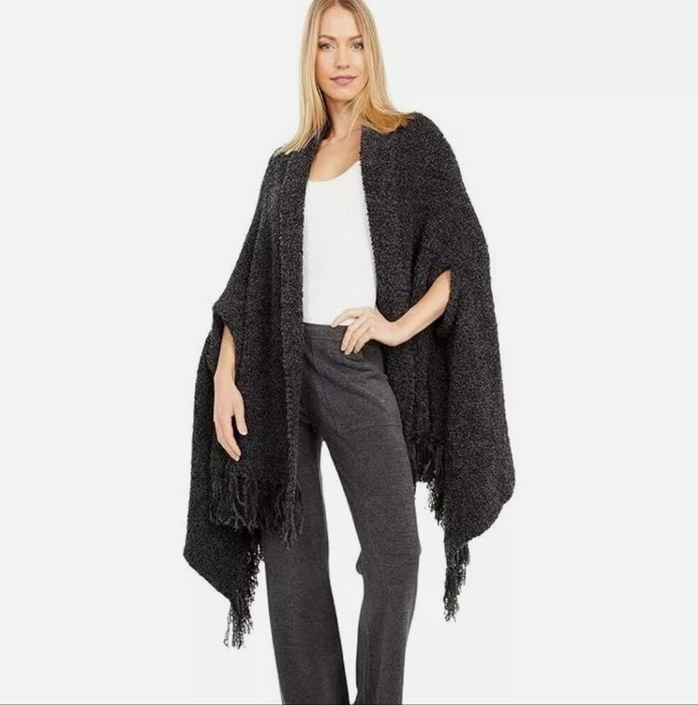 Barefoot Dreams CozyChic Lux Laguna Fringe Wrap Ruana Shawl Carbon Gray OS NWT